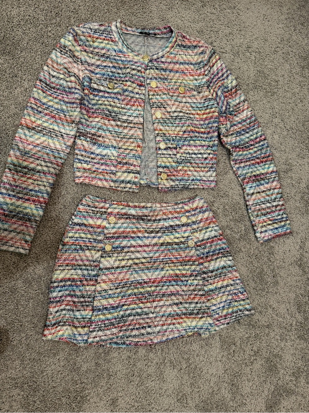 Multicolor Tweed Jacket & Mini Skirt Matching Set - Button Front - Picture 2 of 4